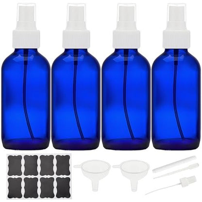 Bastelica Cobalt Blue Glass Spray Bottles 4 oz - Fine Mist Sprayers for Essential Oils, Face, Hair, Plants, Travel, Perfumes, Cleaning - 4 Pack