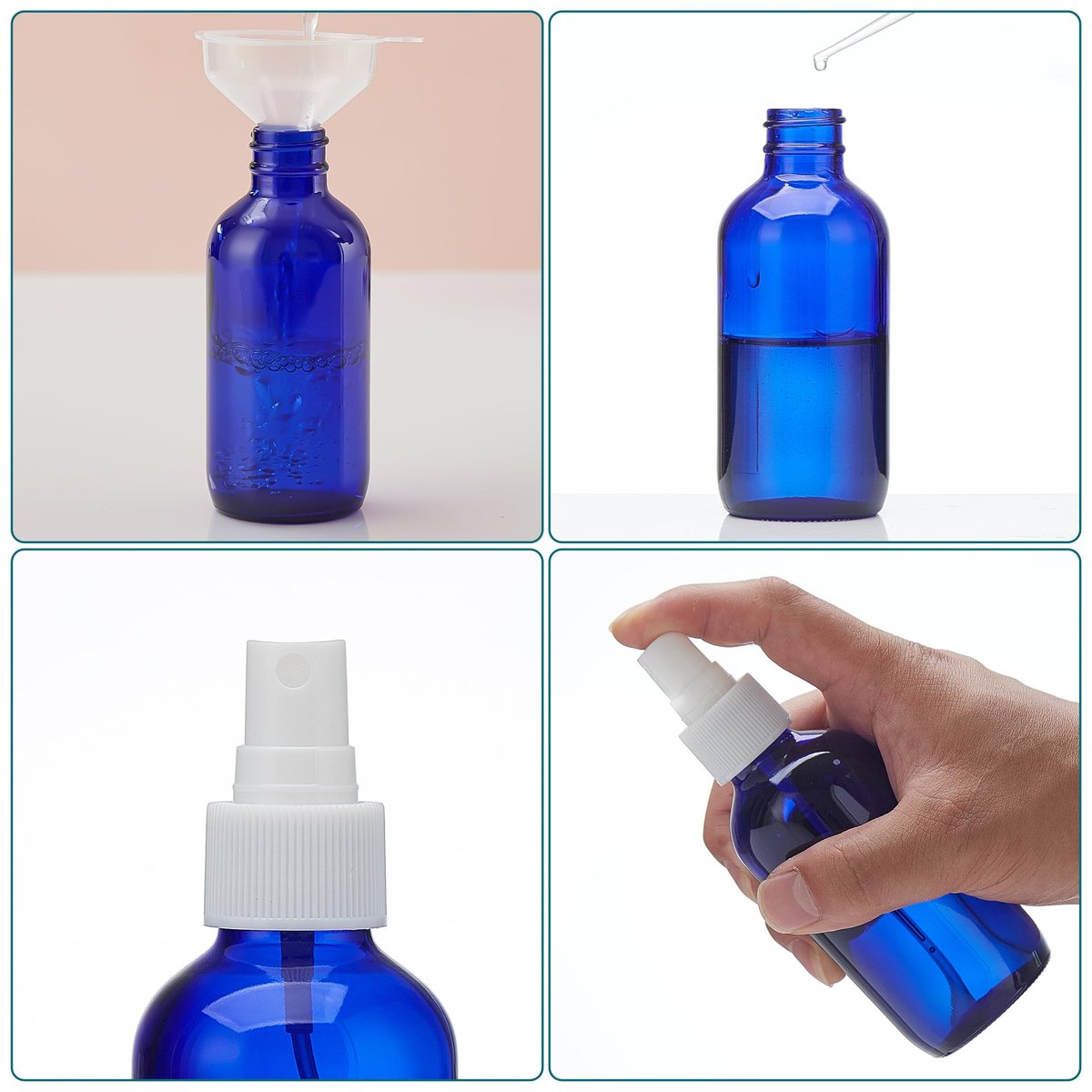 Bastelica Cobalt Blue Glass Spray Bottles 4 oz - Fine Mist Sprayers for Essential Oils, Face, Hair, Plants, Travel, Perfumes, Cleaning - 4 Pack - görsel 13