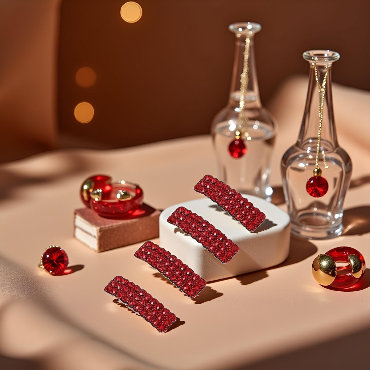 4PCS Red Fashion Korean Style Rhinestones Snap Hair Clips - Rectangular Shiny Luxury Hairpins for Women & Girls - görsel 10
