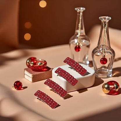 4PCS Red Fashion Korean Style Rhinestones Snap Hair Clips - Rectangular Shiny Luxury Hairpins for Women & Girls