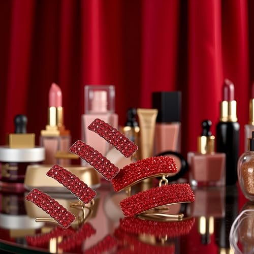4PCS Red Fashion Korean Style Rhinestones Snap Hair Clips - Rectangular Shiny Luxury Hairpins for Women & Girls - görsel 9