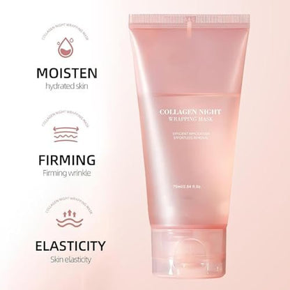 Collagen Night Wrapping Mask - Peel Off Hydrolyzed Collagen Facial Mask for Elasticity & Hydration, Tight Skin, Reduce Sagging & Dullness, 2.54 fl.oz