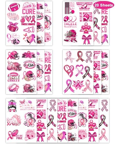 152 Pieces Tackle Breast Cancer Awareness Temporary Tattoos Stickers – 20 Sheets Pink Out Football Themed Tattoos for Kids & Adults Party Favors