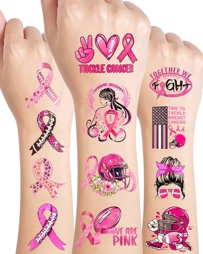 152 Pieces Tackle Breast Cancer Awareness Temporary Tattoos Stickers – 20 Sheets Pink Out Football Themed Tattoos for Kids & Adults Party Favors