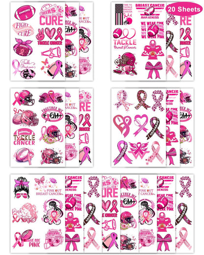 152 Pieces Tackle Breast Cancer Awareness Temporary Tattoos Stickers – 20 Sheets Pink Out Football Themed Tattoos for Kids & Adults Party Favors