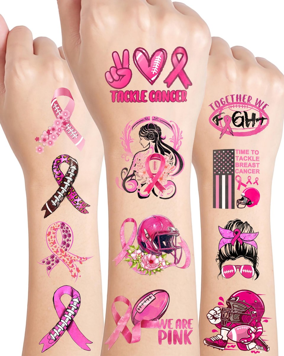 152 Pieces Tackle Breast Cancer Awareness Temporary Tattoos Stickers – 20 Sheets Pink Out Football Themed Tattoos for Kids & Adults Party Favors - görsel 2