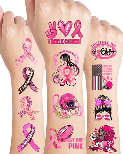 152 Pieces Tackle Breast Cancer Awareness Temporary Tattoos Stickers – 20 Sheets Pink Out Football Themed Tattoos for Kids & Adults Party Favors