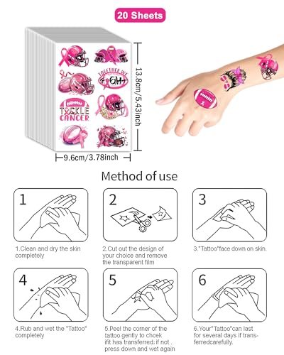 152 Pieces Tackle Breast Cancer Awareness Temporary Tattoos Stickers – 20 Sheets Pink Out Football Themed Tattoos for Kids & Adults Party Favors - görsel 13
