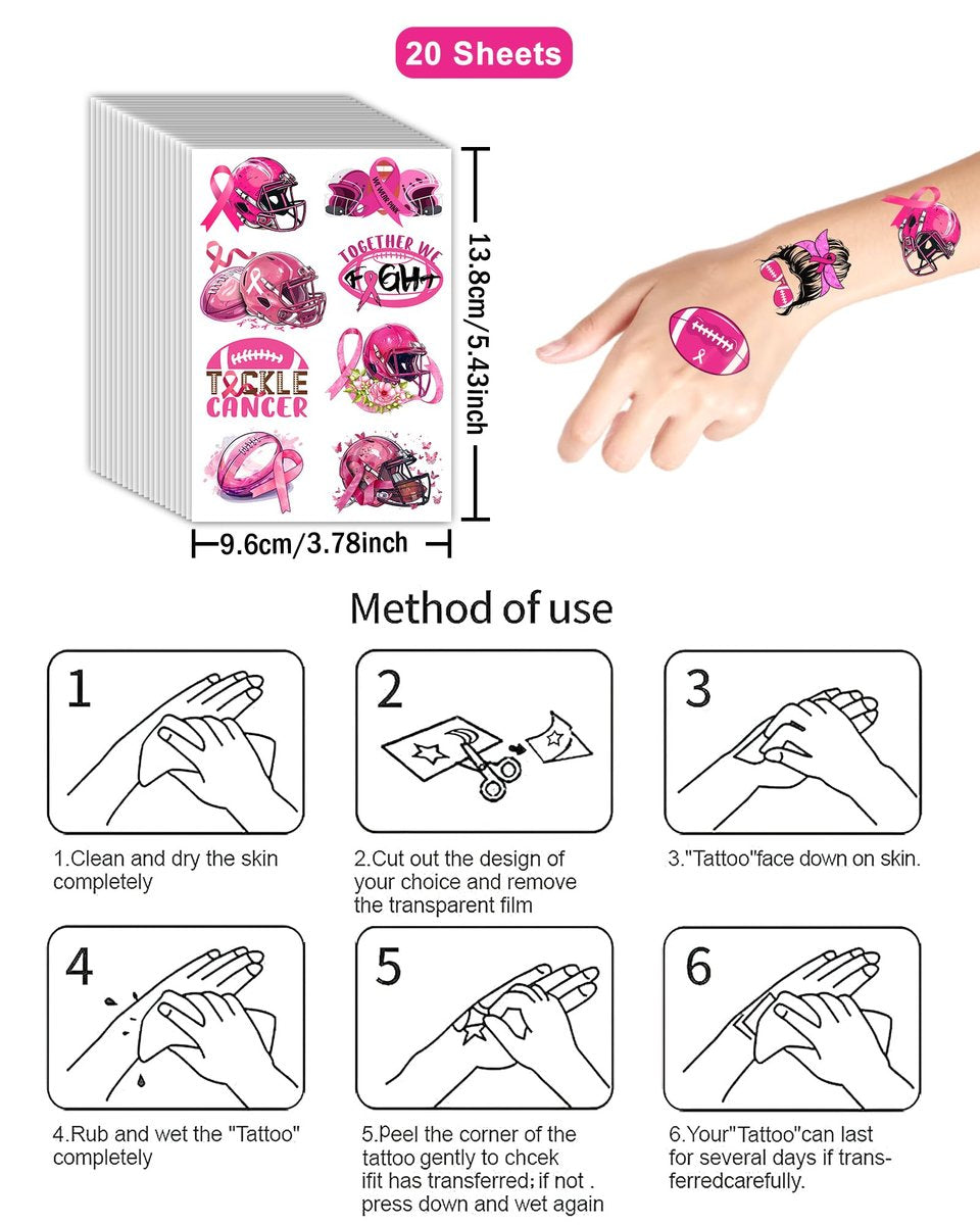 152 Pieces Tackle Breast Cancer Awareness Temporary Tattoos Stickers – 20 Sheets Pink Out Football Themed Tattoos for Kids & Adults Party Favors - görsel 14