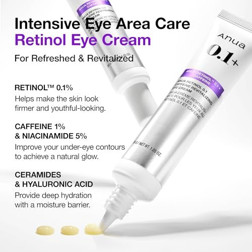 Anua Retinol 0.1 Caffeine Revitalizing Eye Cream – Lightweight Hydrating Formula for Dark Circles & Puffiness, Korean Skincare for Sensitive Skin, 1.05 fl oz Avelisse