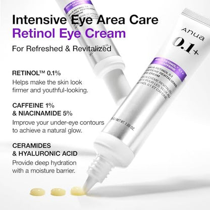Anua Retinol 0.1 Caffeine Revitalizing Eye Cream – Lightweight Hydrating Formula for Dark Circles & Puffiness, Korean Skincare for Sensitive Skin, 1.05 fl oz Avelisse