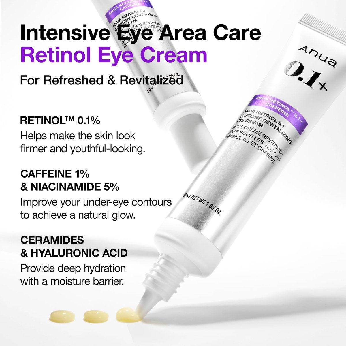 Anua Retinol 0.1 Caffeine Revitalizing Eye Cream – Lightweight Hydrating Formula for Dark Circles & Puffiness, Korean Skincare for Sensitive Skin, 1.05 fl oz Avelisse