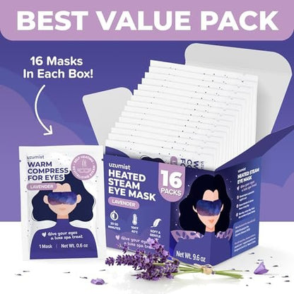 Uzumist Heated Eye Mask for Dry Eyes - 16 Pack Self Heating Steam Eye Mask, Warm Compress for Eyes, On-The-Go Travel Essentials