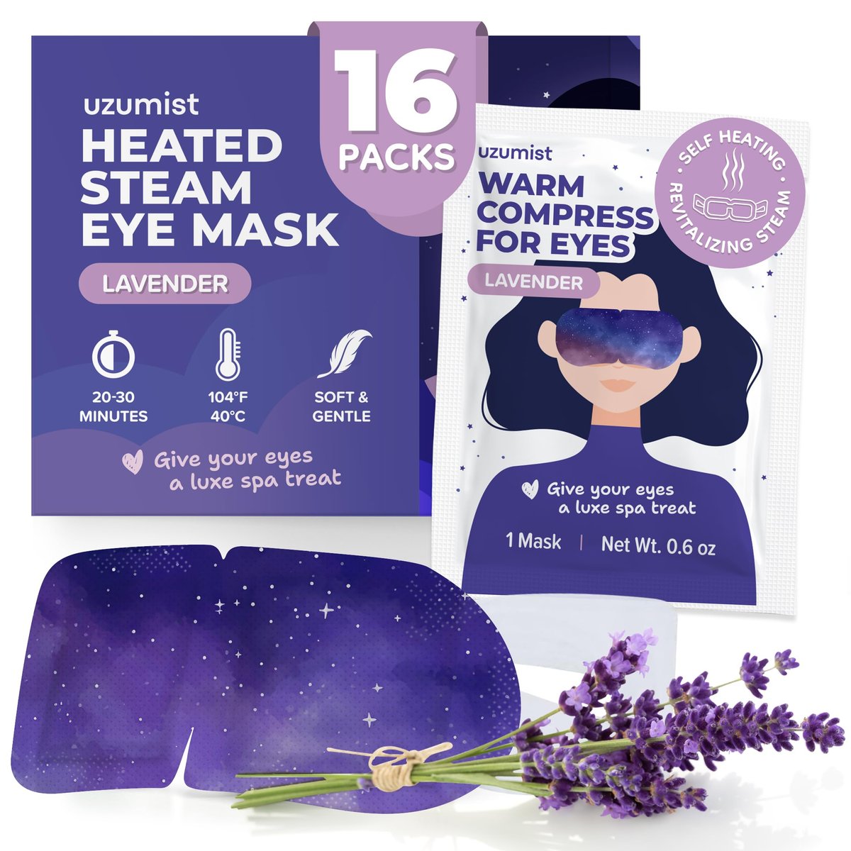 Uzumist Heated Eye Mask for Dry Eyes - 16 Pack Self Heating Steam Eye Mask, Warm Compress for Eyes, On-The-Go Travel Essentials - görsel 1