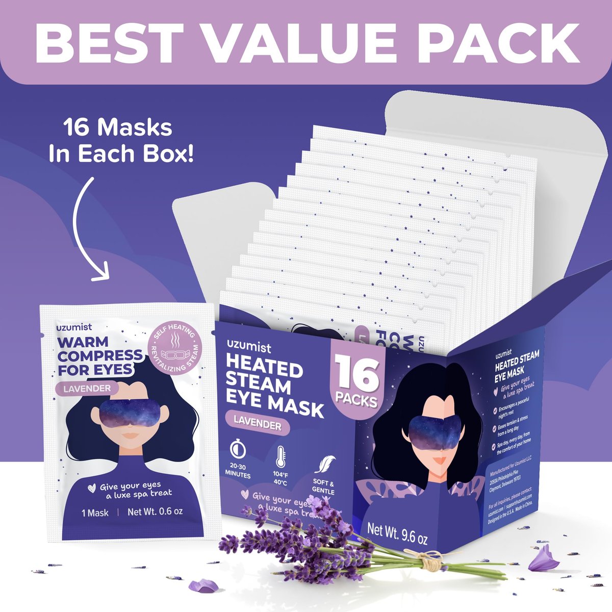 Uzumist Heated Eye Mask for Dry Eyes - 16 Pack Self Heating Steam Eye Mask, Warm Compress for Eyes, On-The-Go Travel Essentials - görsel 3