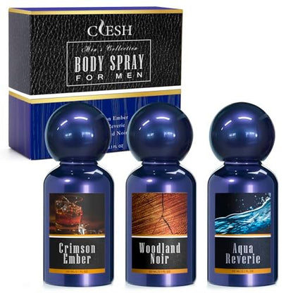 CLESH Men's Body Spray Travel Set - 3-Pack of 60ml / 2.1 fl oz: Crimson Ember, Aqua Reverie, Woodland Noir