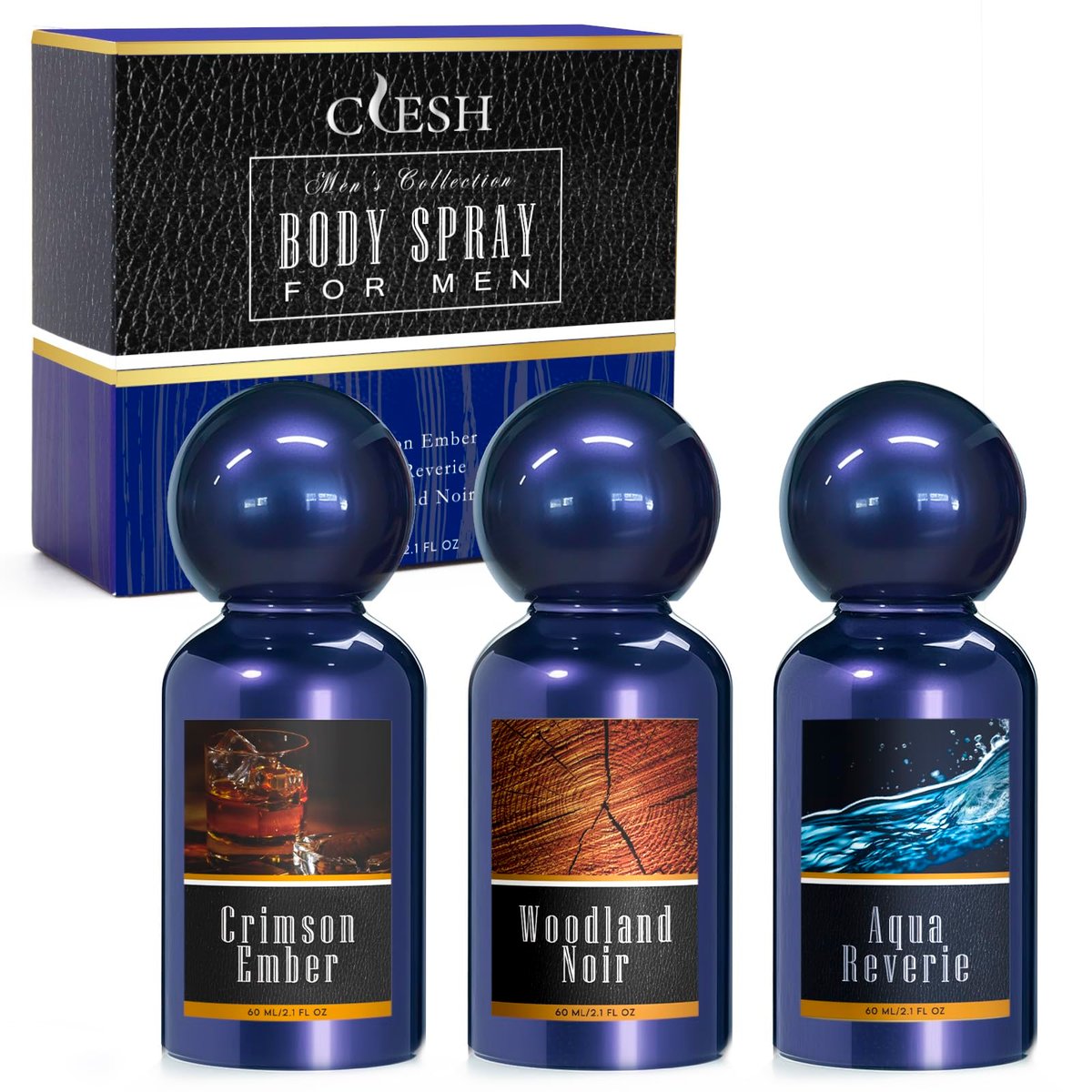 CLESH Men's Body Spray Travel Set - 3-Pack of 60ml / 2.1 fl oz: Crimson Ember, Aqua Reverie, Woodland Noir - görsel 1