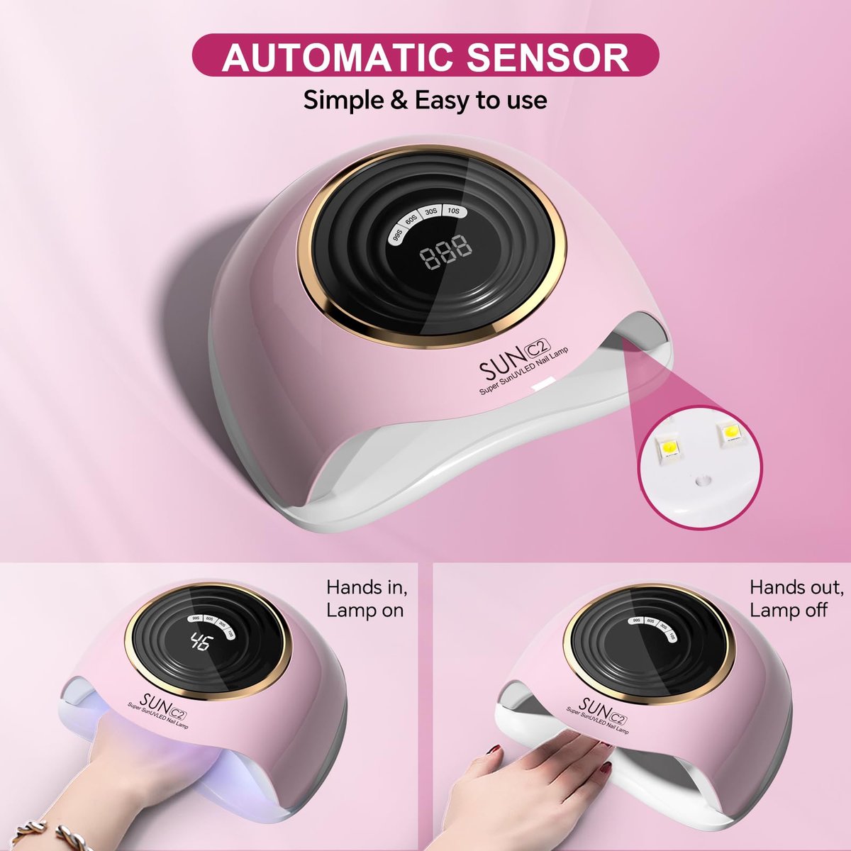 WEVILI 288W Professional UV LED Nail Lamp with 63 Beads - Fastest Gel Curing Dryer for Home & Salon, Smart Sensor, LCD Display & 4 Timers, Pink Salon-Grade Light Avelisse
