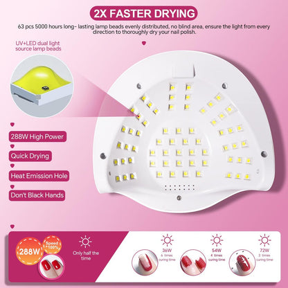 WEVILI 288W Professional UV LED Nail Lamp with 63 Beads - Fastest Gel Curing Dryer for Home & Salon, Smart Sensor, LCD Display & 4 Timers, Pink Salon-Grade Light Avelisse