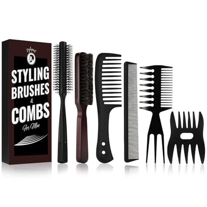 Dylapick Men's Hair Brush and Beard Brush Set – Boar Bristle, Wide Tooth Comb, Round Brush & Texture Comb for Detangling, Blow Drying, Cutting, Parting & Styling Avelisse