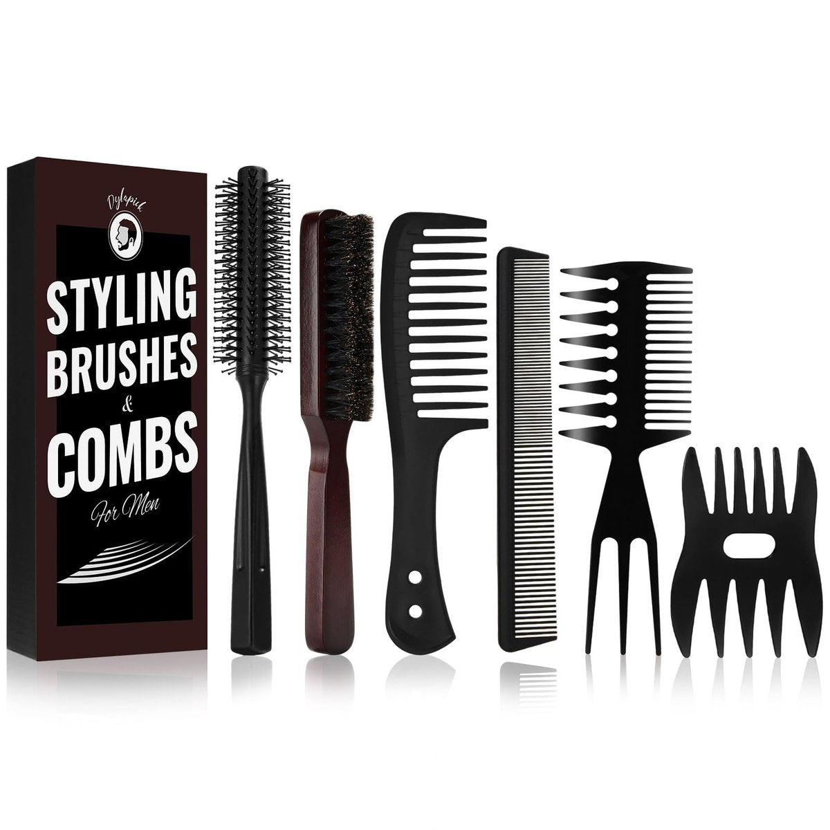Dylapick Men's Hair Brush and Beard Brush Set – Boar Bristle, Wide Tooth Comb, Round Brush & Texture Comb for Detangling, Blow Drying, Cutting, Parting & Styling Avelisse