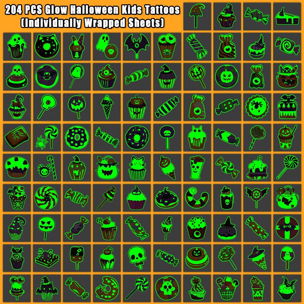 Partywind 204 Styles Glow Halloween Candy Temporary Tattoos for Kids - Luminous Sugar Tattoo Stickers for Party Decorations Supplies, Non-Candy Halloween Treats for Kids Trick or Treat Party - görsel 5