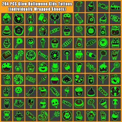 Partywind 204 Styles Glow Halloween Candy Temporary Tattoos for Kids - Luminous Sugar Tattoo Stickers for Party Decorations Supplies, Non-Candy Halloween Treats for Kids Trick or Treat Party