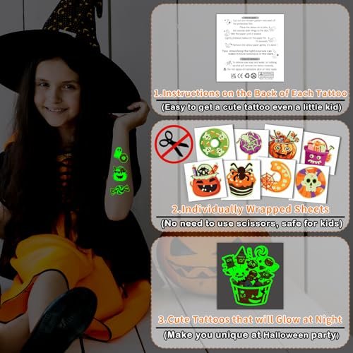 Partywind 204 Styles Glow Halloween Candy Temporary Tattoos for Kids - Luminous Sugar Tattoo Stickers for Party Decorations Supplies, Non-Candy Halloween Treats for Kids Trick or Treat Party - görsel 4