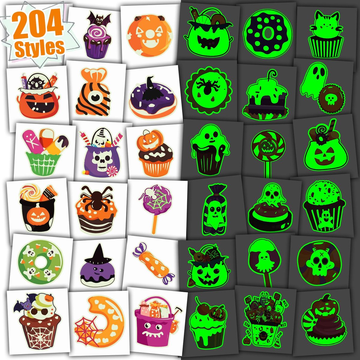 Partywind 204 Styles Glow Halloween Candy Temporary Tattoos for Kids - Luminous Sugar Tattoo Stickers for Party Decorations Supplies, Non-Candy Halloween Treats for Kids Trick or Treat Party - görsel 1