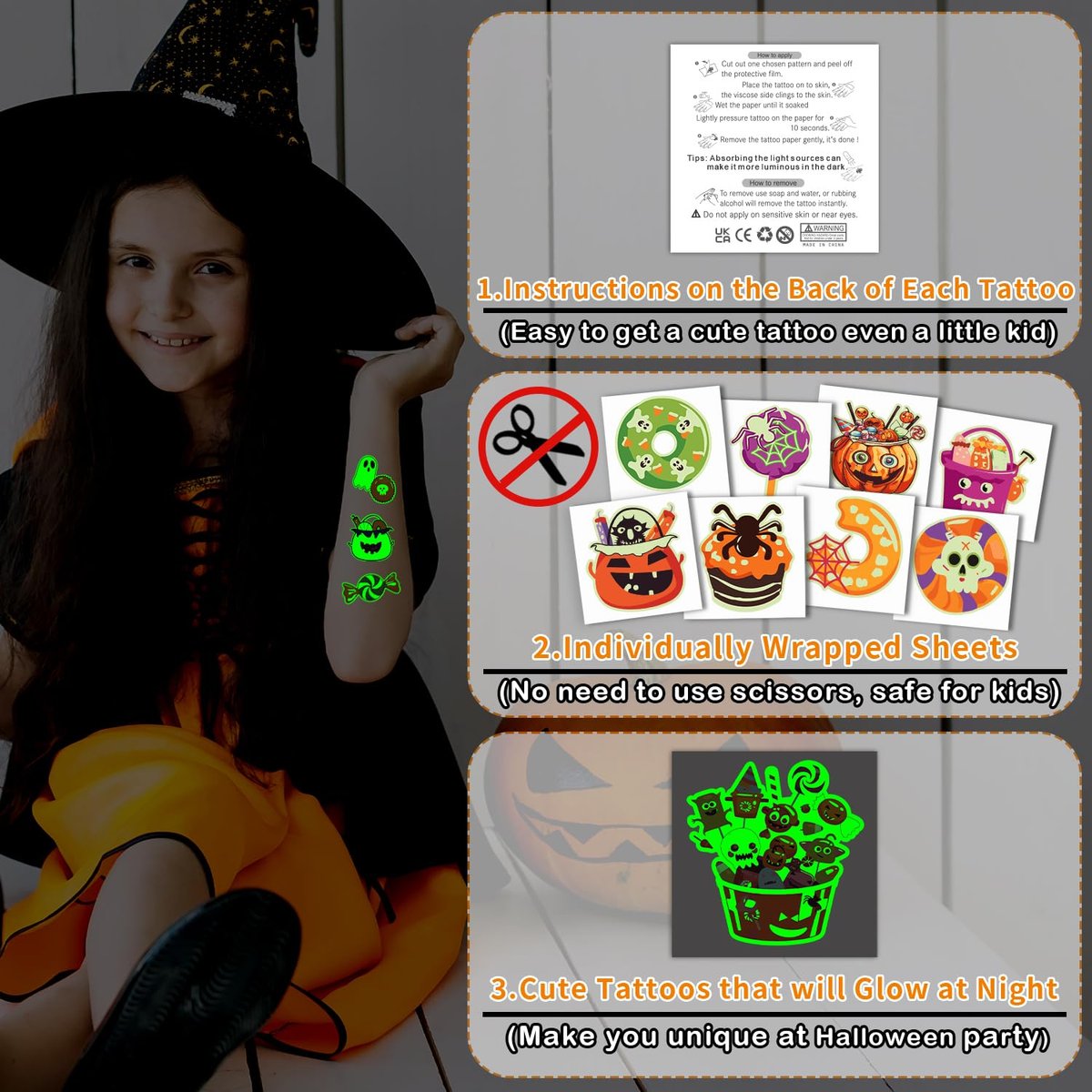 Partywind 204 Styles Glow Halloween Candy Temporary Tattoos for Kids - Luminous Sugar Tattoo Stickers for Party Decorations Supplies, Non-Candy Halloween Treats for Kids Trick or Treat Party - görsel 3