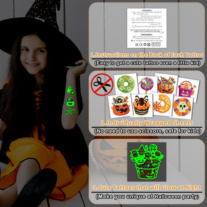 Partywind 204 Styles Glow Halloween Candy Temporary Tattoos for Kids - Luminous Sugar Tattoo Stickers for Party Decorations Supplies, Non-Candy Halloween Treats for Kids Trick or Treat Party