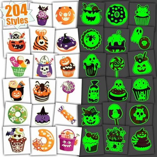 Partywind 204 Styles Glow Halloween Candy Temporary Tattoos for Kids - Luminous Sugar Tattoo Stickers for Party Decorations Supplies, Non-Candy Halloween Treats for Kids Trick or Treat Party - görsel 2