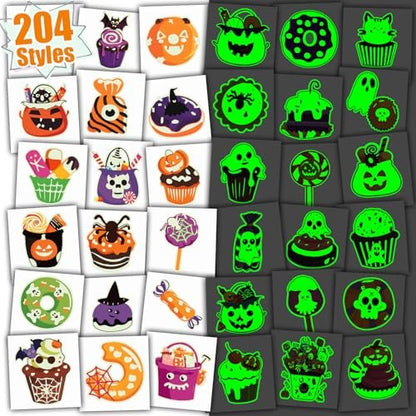 Partywind 204 Styles Glow Halloween Candy Temporary Tattoos for Kids - Luminous Sugar Tattoo Stickers for Party Decorations Supplies, Non-Candy Halloween Treats for Kids Trick or Treat Party