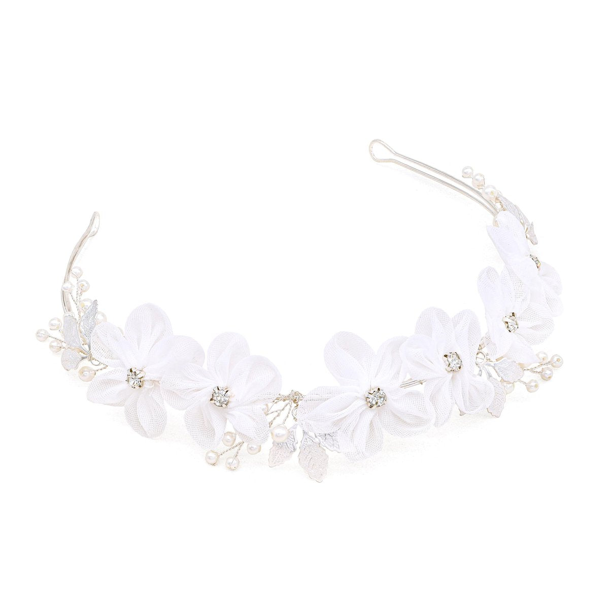 Oriamour Tulle Flower Headband – Pearl Silver Flower Girl Headpiece for Wedding, Birthday, First Communion Avelisse