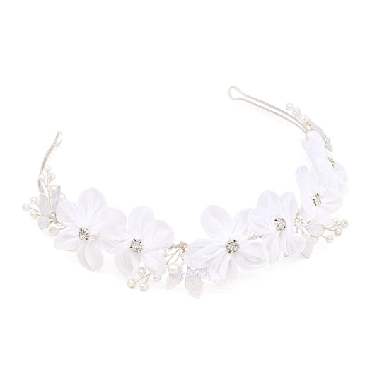 Oriamour Tulle Flower Headband – Pearl Silver Flower Girl Headpiece for Wedding, Birthday, First Communion Avelisse
