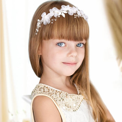 Oriamour Tulle Flower Headband – Pearl Silver Flower Girl Headpiece for Wedding, Birthday, First Communion Avelisse