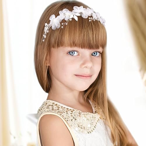 Oriamour Tulle Flower Headband – Pearl Silver Flower Girl Headpiece for Wedding, Birthday, First Communion Avelisse