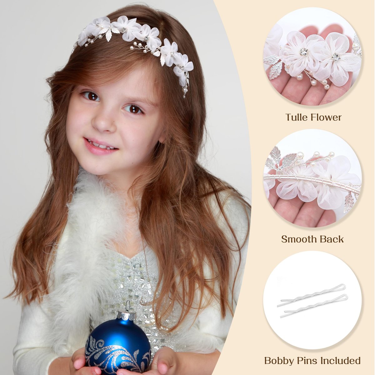 Oriamour Tulle Flower Headband – Pearl Silver Flower Girl Headpiece for Wedding, Birthday, First Communion Avelisse