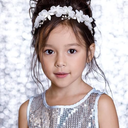 Oriamour Tulle Flower Headband – Pearl Silver Flower Girl Headpiece for Wedding, Birthday, First Communion Avelisse