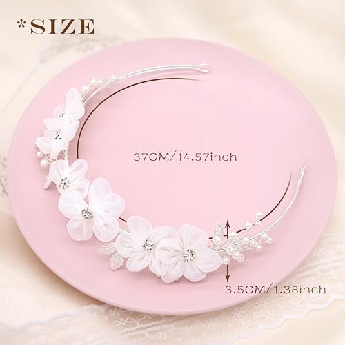 Oriamour Tulle Flower Headband – Pearl Silver Flower Girl Headpiece for Wedding, Birthday, First Communion Avelisse