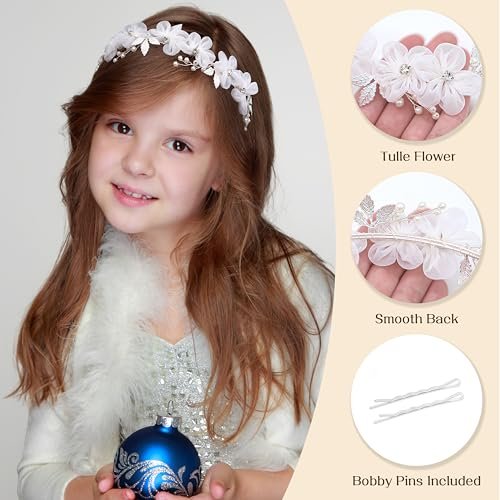 Oriamour Tulle Flower Headband – Pearl Silver Flower Girl Headpiece for Wedding, Birthday, First Communion Avelisse