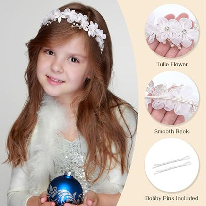 Oriamour Tulle Flower Headband – Pearl Silver Flower Girl Headpiece for Wedding, Birthday, First Communion Avelisse