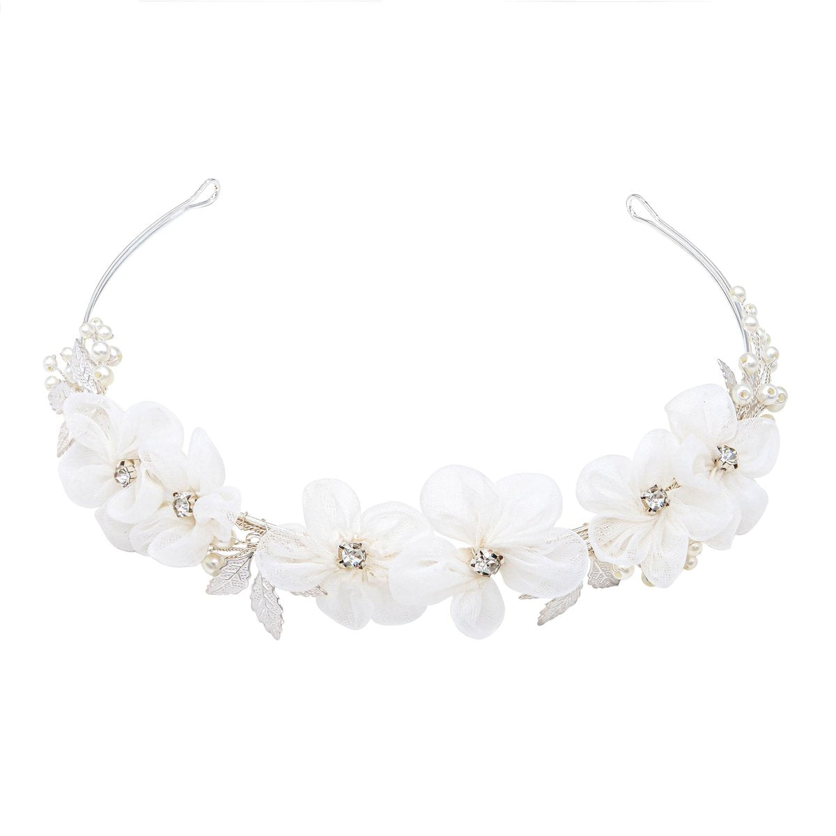 Oriamour Tulle Flower Headband – Pearl Silver Flower Girl Headpiece for Wedding, Birthday, First Communion Avelisse
