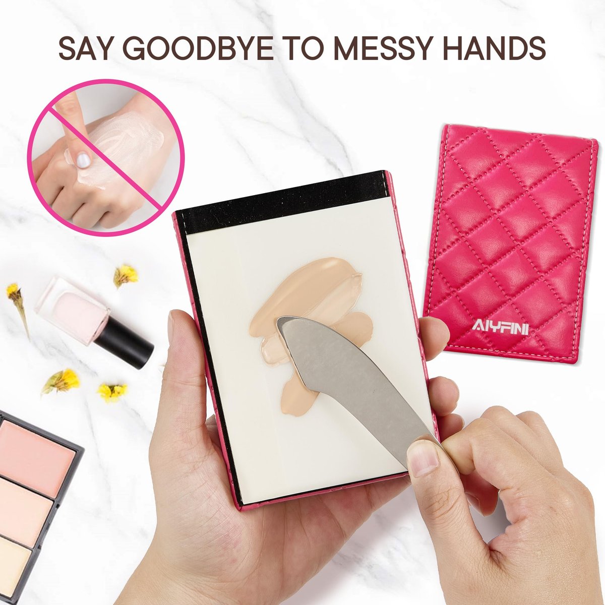Alyfini Pocket Makeup Palette Mirror for Purse - 100 Disposable Sheets & Spatula, Small Travel Toiletry Essentials, Handheld Foundation/Lip/Nail Color Mixing Tray, Makeup Artist and Enthusiasts Gift Avelisse