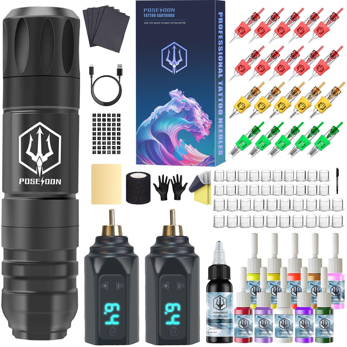 POSEIDON Wireless Tattoo Pen Kit - Complete Tattoo Machine Kit with 2 Batteries & 20 Cartridge Needles, Professional Tattoo Supplies for Beginners and Artists Avelisse