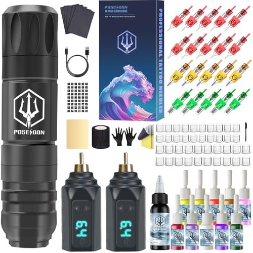 POSEIDON Wireless Tattoo Pen Kit - Complete Tattoo Machine Kit with 2 Batteries & 20 Cartridge Needles, Professional Tattoo Supplies for Beginners and Artists Avelisse