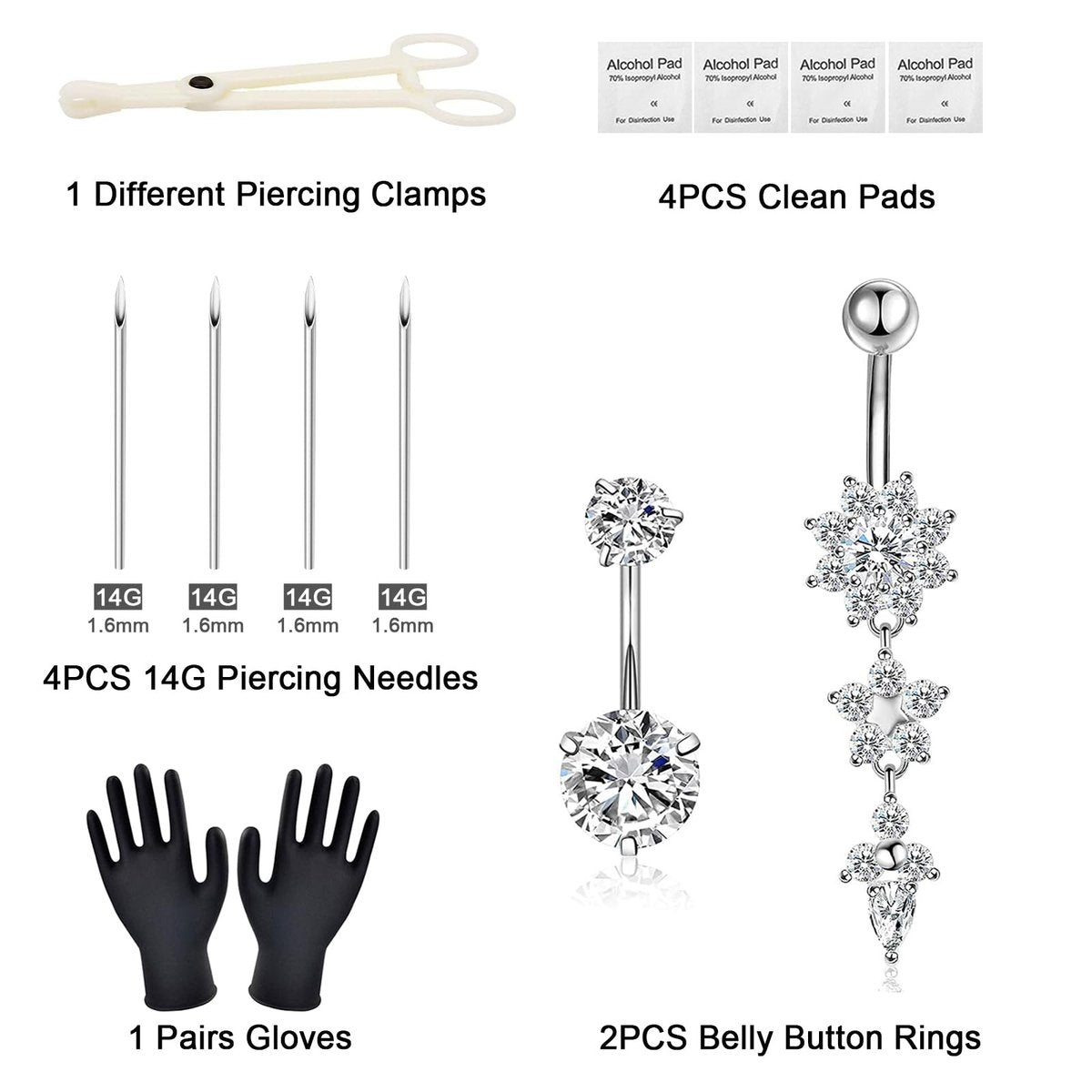 Autdor 13-Piece Belly Piercing Kit with 14G Belly Button Rings, Piercing Clamp, and Clean Tools | Professional Piercing Supplies - görsel 3