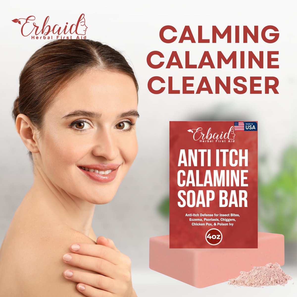 Calamine Soap Bar for Itching – Natural Instant Itch Relief – Calming Calamine Soap for Itchy Skin, Insect Bite, Eczema, Poison Ivy, Chicken Pox – Pure Raw Anti-Itch Body Wash, Made in USA (4 oz)