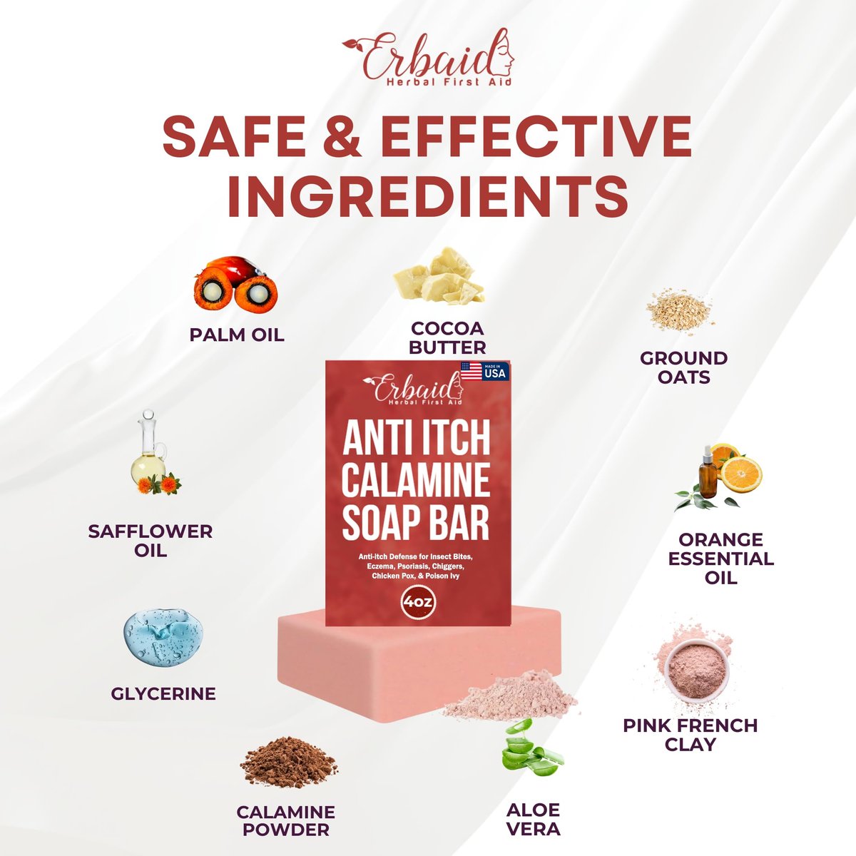 Calamine Soap Bar for Itching – Natural Instant Itch Relief – Calming Calamine Soap for Itchy Skin, Insect Bite, Eczema, Poison Ivy, Chicken Pox – Pure Raw Anti-Itch Body Wash, Made in USA (4 oz)