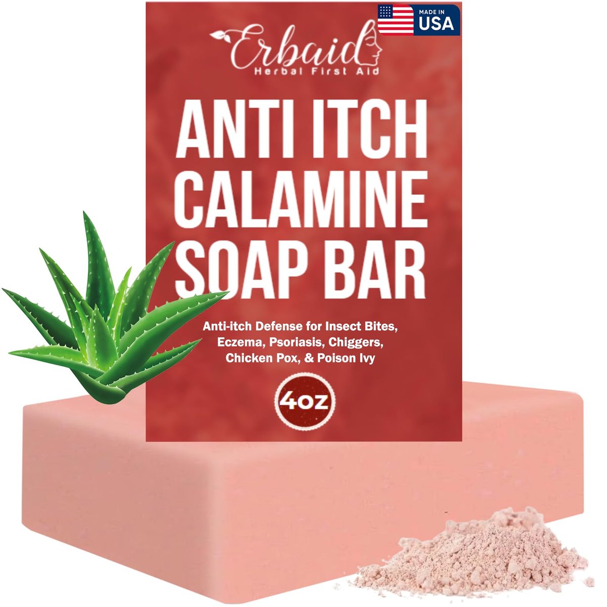 Calamine Soap Bar for Itching – Natural Instant Itch Relief – Calming Calamine Soap for Itchy Skin, Insect Bite, Eczema, Poison Ivy, Chicken Pox – Pure Raw Anti-Itch Body Wash, Made in USA (4 oz)